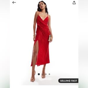 Midi red dress with rose on front (S)